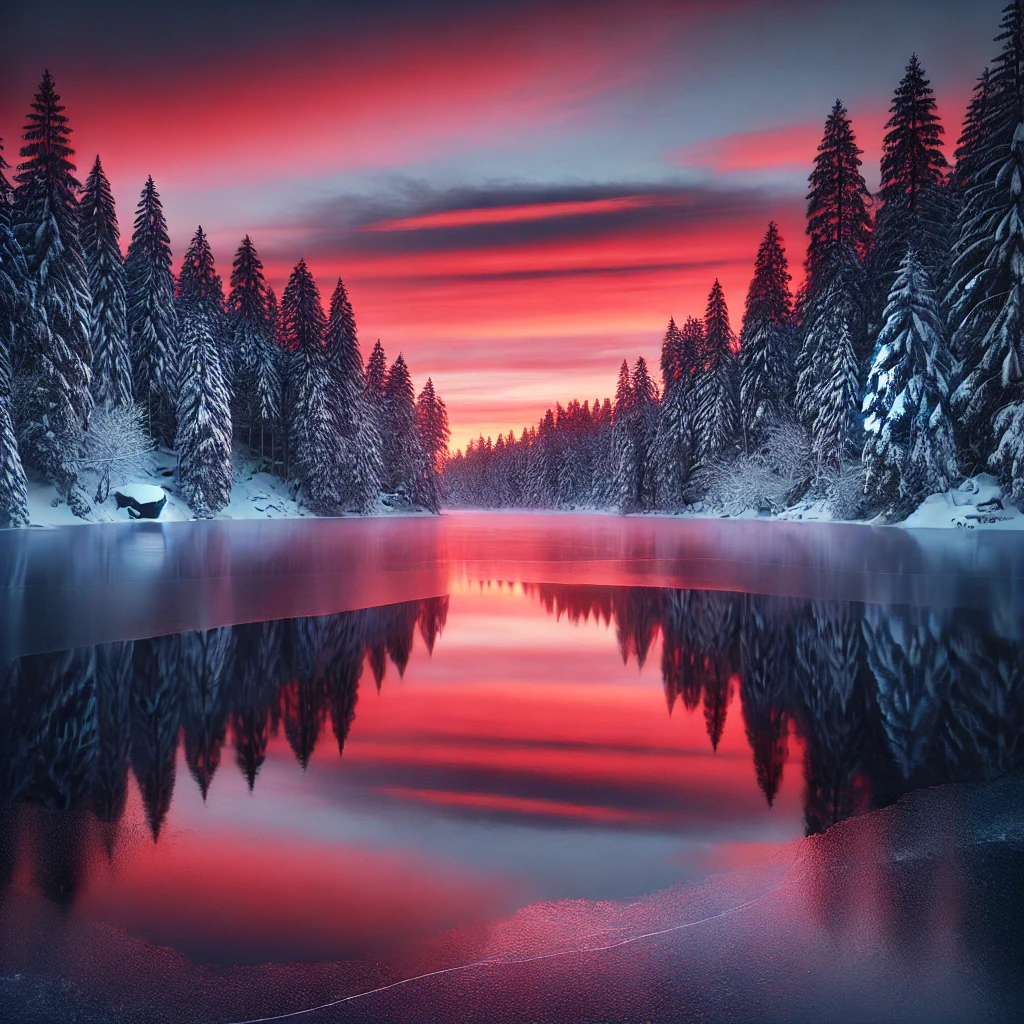 Words 9-7: A winter lake in the red sunset! / Зимове озеро в червоному заході сонця!